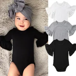 024M born Baby Girl Flare Sleeve Solid Black White Grey Casual Romper Jumpsuit OnePiece Outfits Cotton Clothes Suit 240529