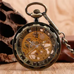 Classical Bronze Black Mechanical Hand-winding Pocket Watch Men Women Pendant Antique Clock with FOB Chain Gift montre de poche 291a