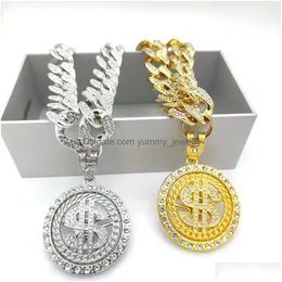 Подвесные ожерелья тяжелая медная повернутая вращающаяся доллар Символ доллара Золотая медаль Высококачественное модное ожерелье Акрил с алмазными кубинскими ночными джтоз