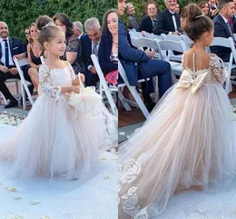 Bowknot Tulle Princess Flower Girl Dresses For Wedding O-Neck Lace Appliqued Toddler Little Girl's Birthday Party Bowns With Long Sleeves Kids Formal Wear AL4425