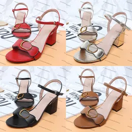 Womens sandals Designer high Heels shoes Mid Heel Leather Slides White red Brown Luxury Ankle Buckle chunky summer Sexy slide metallic laminate Black low mens sandal