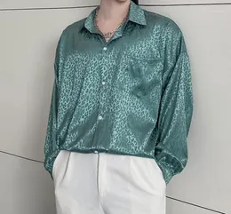 Leopard Green Ice Silk Mens Shirts Loose Jacquard Summer Fashion 2021 Dress Satyn Satynowy projektant Designer Men039s Casua8451441