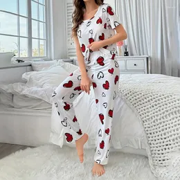 Home Clothing Women's Crew Neck Milk Silk Fabric Nightgown Heart Print Pajamas Set Casual Short Sleeve Soft Top Comfortable Pants Loungewear