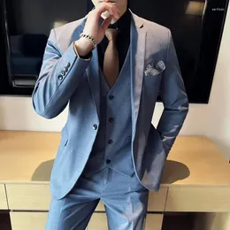 Men's Suits 2024 (Blazer Vest Pants) Fashion Business British Style Professional Plaid Trend Casual Gentleman Slim Groom Suit