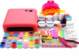 Unha manicure conjunto inteiro 36w lâmpada UV rosa acrílico em pó pó líquido glitter primer pincel tampão de escova de ferramentas kit2298643