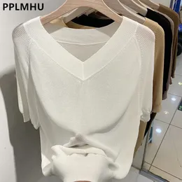 Summer Ice Silk Sticked Topps Women Casual Loose V-Neck Thin Knitwear T-Shirts Big Size 4xl Korean Short Sleeve Pullover Tee 240530