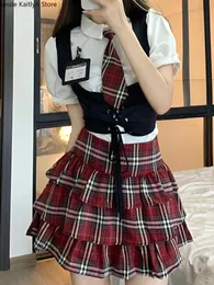 Japanisch Kawaii Schulmädchen Uniform Koreanische Stil süßes süßes Cosplay JK Sommer Schwarz Mini -Weste und karierte Rocksets 2023 240530