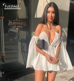 FUDAGE Summer Chiffon White Dress Sexy Women Women Spaghetti Strap V Neck Mini Abiti Disterne Ruffles Club Dress Vestitidos8654700