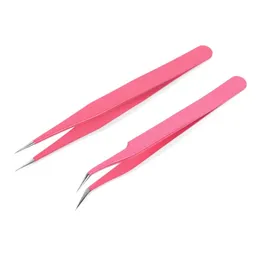 2pcs pinças de aço inoxidável rosa de aço reto Curvadas Ferramentas de coleta de cílios Extensão de cílios Ponto Nipper Clip Manicure Nail Art Tool