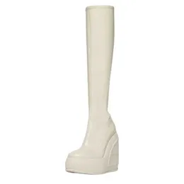 Boots 2023 Womens Spring and Autumn New Fashion Sexy Slope Heel Thick Sole Round Head Side Zipper Knee High Boot Banquet Boots T240528