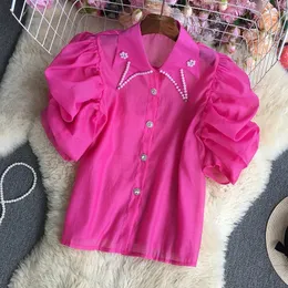 Blusa chique coreana camisa de colarinho virada para mulheres camisa de miçanga de miçangas femininas lâminas casuais de manga de sopa y2k blusas gota 240530