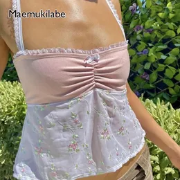 女性戦車Maemukilabe Floral Embroidery Milkmaid Crop Tops Lace Trim Backless Camis Fairycore Kawaii Y2Kレトロタンクベスト女性