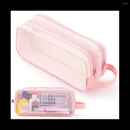 Grid Mesh Pencil Case 2 Fack Pen Bag Clear Pouch Transparent Makeup for Teen Student College - Blue