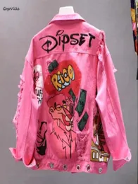 Harajuku Pinkyellow Denim Jacket Женщины граффити разорванные отверстия Джинсы куртки Новые студенты базовые коты 77849733761802