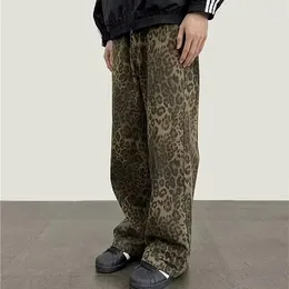 Herr jeans 2024 cyber y2k mode leopard baggy byxor för män kläder rak koreanska avslappnade kvinnor gamla långa byxor pantaloni uomo