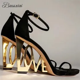 Sandals New Design Letter Womens Love Song Sandals Metal Fretwork Strange High Heels Black Plush Party Shoes T240528