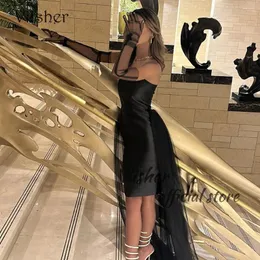 パーティードレスViisher Black Mermaid Evening Mono Satin Strapless Short Prom Dress Dubai Arabic Formal Gowns Outfits