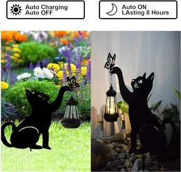 Malargic - Metal Black Cat Stake Garden Decor, Cat Garden Statue Animal Art Silhuett med solen LED -lampor Vattentät gård Lagmatta utomhusdekorationer