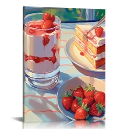 Preppy Kitchen Canvas Wandkunst, rosa Y2K -Poster für Raum Ästhetik, trendige Erdbeerkuchen Kaffee Bilder Wanddekoration, funky Frühstück Bäckerei Kaffeebar Wandkunst