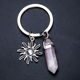 Retro Natural Quartz Stone Keyring Sun Moon Pendant Keychain Turquoise Metal Handikraft Key Chain Friend Gift Jewets Partihandel