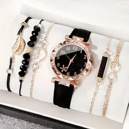 Relógios de pulso CHIC 6PCS/Set Quartz Watch With Rhinestone Detalhe PULHETAS PU PU