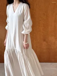 الفساتين غير الرسمية فائقة الجودة عالية الجودة 82 ٪ Lyocell18 ٪ terylen dobule طبقة maxi vneck فستان مفصل نمط عصري طويل