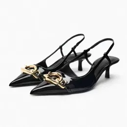 Traf Fashion Patent Leather Black Heels For Woman Metal Pointed Toe High Heeled Sandals Fall Formal Slingback Stiletto Shoes 240521