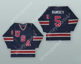 Custom Mike Ramsey 5 1980 USA National Team Dark Blue Hockey Jersey Top Cucite S-M-L-XL-XXL-3XL-4XL-5XL-6XL