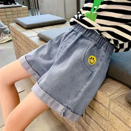 Flickor för sommar bomull Stora barn tunna jeans heta korta byxor mode ren färg denim elastisk midja trasiga shorts 8 12 år
