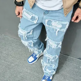 Jeans masculinos Autumn Men elegante rasgou um patch empilhado em cena emendada Streetwear de hip hop masculino calça jeans reta de calças de jeans