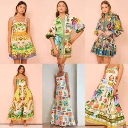 Women Dress Designer 2024 Ny Sexig Suspender Graffiti Bomull och linne tryckt stora fällklänningar 6 färger