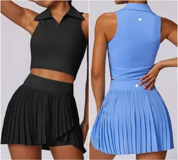 8600 Womens Yoga Outfit Yoga Sets Skirts Vest Tennis Sport Running Skirt Elastic High Waist Sportwear Lined Breathable Turn-Down Collar