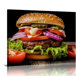 Gustoso hamburger di manzo cucina rustica in tela arte wall art stampa ristorante barra da pranzo decorazione per la casa. Realizzazione per la casa moderna pronto per appendere