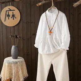 Camicette femminili kyqiao camicie a maniche lunghe vintage donne tops giappone in cotone ricamo solido camicetta sciolta estate boho beach busa