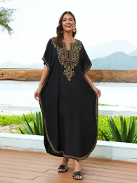 Tie Dye Plus Size Caftan Dress For Women - V-Neck Moroccan Kaftan With Side Split For Beach & Lounge Wear (Khaki) - View #3
