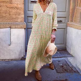 Casual Dresses Fashion Summer 2024 Women's Floral Print Maxi Dress Sexig V Neck Long Sleeve Loose Fit Elegant Vestidos Verano Moda