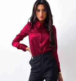 Moarcho Women Silk Satin Blouse Button Lapel Lengeve Shirts Ladies Office Work Elegant Femal