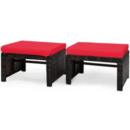 2 Pieces Patio Rattan Ottomans, All Weather Outdoor Footstool Footrest Seat with Soft Cushion