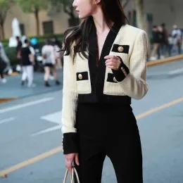Kurtki czarna biała tweedowa kurtka | Vneck Slim talia krótka wełniana płaszcz dla kobiet sxxl