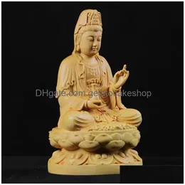 Decorative Objects Figurines 4Inch Wood Carving Guanyin Bodhisattva Figurine Buddha Scpture Lucky Crafts Avalokitesvara Statue For Dhguw