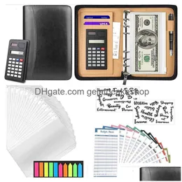 Notepads Wholesale A6/A5 Business Pu Leather Folder Padfolio Budget Binder Cash Envelope Organizer With Clear Zipper Sheets Calcator Dhww2
