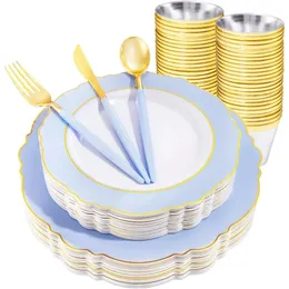 150 peças Blue Disposable Dinnerware Conjunta placas de plástico com orga de aro de ouro 240520