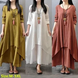 Casual Dresses 2024 Vintage Cotton Linen Dress For Women Mori Girl Style Comfy Loose Long Sleeve Robe Females Plus Size Size kjol