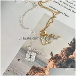 Hänghalsband 925 Sterling Sier Dainty Cubic Zirconia Gold Plated Padlock Lock Key Pendant Necklace Drop Delivery Dhkfy