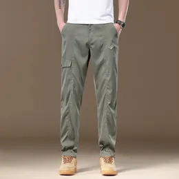 Summer Soft Lyocell Fabric Mens Cargo Pants Solid Color Wear Elastic Midje Casual Pant Korean Outdoors Jogger Byxor Man 240531