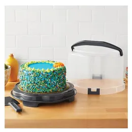 Round Plastic Cake and Cupcake Clear with Gray Handle Clasps and Base Includes Slice-and-Server Utensil 13.2 x 8.5 240530