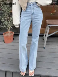 Kvinnors jeans Loribindwood 2024 Koreanska raka ben breda kvinnors tunna två knapp midja stretchbyxor med långa ben kvinnor