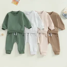 Kläder sätter fokusnorm 0-3y småbarn baby pojkar kläder 2 st fast färg lång ärm pullover tröja och elastiska byxor
