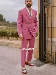 مصممة من السترة الوردية بانت مجموعة أزياء الرجال بدلات مزدوجة الزي الرسمي Homme italy على طراز العريس الزفاف