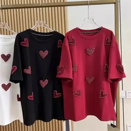 Plus Size 3D Love Towel Embroidery Women Tshirts 150kg XL4XL Stamping Diamonds Female Tee 2024 Summer Short Sleeve Top Y2k 240531